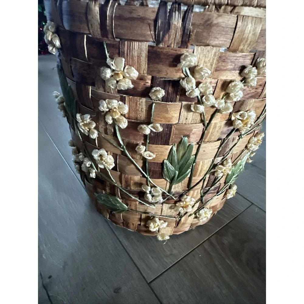 Vintage Floral Woven Rattan Basket Or Planter Kitchen Trash‎ Can Decor 10